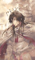  1boy absurdres armor black_hair blood blood_on_face bon_0118 cloak closed_eyes constantine_xi_(fate) constantine_xi_(third_ascension)_(fate) day earrings fate/grand_order fate_(series) gloves grey_sky hair_between_eyes halo hand_on_hilt highres jewelry long_hair male_focus outdoors sky solo white_armor white_cloak 