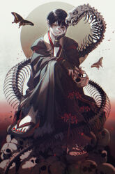  1boy absurdres armor axis_powers_hetalia black_butterfly black_hair black_hakama black_pants black_slippers bracelet bug butterfly closed_mouth commentary crossed_arms eyeshadow fingernails flower full_body full_moon gold_bracelet gold_ring gradient_background hakama hakama_pants hand_on_own_face hand_up highres holding holding_skull japan_(hetalia) japanese_armor japanese_clothes jewelry kariginu kote kurokote long_sleeves looking_at_viewer makeup male_focus moon nail_polish npyon pants red_background red_eyeshadow red_flower red_nails red_shirt shirt short_hair sitting skeleton skull slippers smile solo spider_lily symbol-only_commentary toenail_polish toenails torn_clothes torn_pants white_background wide_sleeves yellow_eyes 