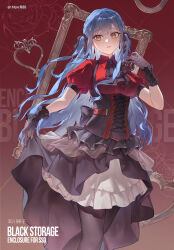  1girl absurdres artist_name ascot bang_dream! bang_dream!_it's_mygo!!!!! black_ascot black_gloves black_pantyhose black_ribbon blue_gemstone blue_hair character_name commentary_request commission corset gem gloves hair_ribbon highres holding holding_mask long_hair mask oblivionis_(bang_dream!) pantyhose parted_lips picture_frame puffy_short_sleeves puffy_sleeves red_background ribbon short_sleeves sideways_glance skirt skirt_hold solo styx_mo_yu togawa_sakiko underbust unworn_mask very_long_hair yellow_eyes 
