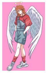  1boy alternate_costume angel angel_devil_(chainsaw_man) angel_wings ankle_socks border chainsaw_man closed_mouth commentary english_commentary footwear_request full_body halo hands_in_pockets highres long_hair looking_at_viewer male_focus mmmags overall_shorts overalls pink_background red_shirt red_socks shirt shoes simple_background socks solo standing traditional_halo twitter_username white_border white_shoes white_wings wings 