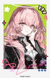 1girl absurdres arknights black_jacket border buqiyong character_name chinese_commentary choker commentary_request green_background hair_between_eyes hair_over_shoulder hand_up highres jacket lemuen_(arknights) long_hair long_sleeves looking_at_viewer pink_eyes pink_hair polaroid_photo shirt sidelocks smile solo sparkle upper_body white_border white_choker white_shirt 