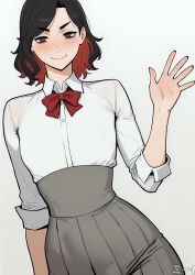  1girl black_hair bow bowtie breasts brown_eyes colored_inner_hair grey_skirt hand_up highres multicolored_hair original red_bow red_bowtie red_hair redcalypso shirt short_hair skirt small_breasts smile white_background white_shirt 