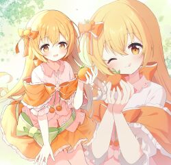  1girl :d :q blush bow closed_mouth collared_shirt commentary_request commission cowboy_shot food frilled_skirt frills fruit hair_between_eyes hair_bow highres holding holding_food holding_orange long_hair momoe_moko open_mouth orange_(fruit) orange_bow orange_hair orange_skirt original shirt short_sleeves skeb_commission skirt smile tongue tongue_out white_shirt yellow_eyes 