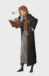  1girl black_robe black_shoes blue_eyes book braid braided_ponytail brown_skirt brown_vest collared_shirt floating floating_book floating_object full_body green_necktie gynger_edventray_(hiiragimare) hand_on_own_chin hand_on_own_hip highres hiiragimare hogwarts_legacy hogwarts_school_uniform hooded_robe image_in_speech_bubble long_hair long_skirt looking_at_object necktie original ponytail red_hair robe school_uniform shirt shoes simple_background skirt slytherin solo standing vest white_background white_shirt wizarding_world 