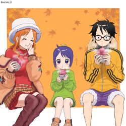  1boy 2girls autumn_leaves belt belt_buckle black-framed_eyewear black_hair blush boots border brown_boots brown_cardigan buckle cardigan checkered_clothes checkered_skirt closed_eyes commentary_request covering_own_mouth facing_another falling_leaves feet_out_of_frame food fur-trimmed_shorts fur_trim glasses green_shirt hat highres holding holding_food invisible_chair jacket jewelry kurozumi_tama leaf long_hair long_sleeves looking_at_food miniskirt monkey_d._luffy multiple_girls nami_(one_piece) necklace norisiro_0 official_alternate_costume one_piece open_cardigan open_clothes orange_background orange_hair outside_border parted_lips pearl_necklace puckered_lips purple_hair purple_shorts red_belt red_skirt red_sweater roasted_sweet_potato scar scar_on_cheek scar_on_face shirt short_hair shorts sitting skirt smile steam straw_hat sweater sweet_potato thigh_boots turtleneck turtleneck_sweater twitter_username unworn_hat unworn_headwear wavy_hair white_border white_hat yellow_jacket 