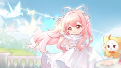  1girl :o ahoge animal artist_request bib_collar blue_sky bow bowtie brown_eyes bush cake cat catching chibi cloak clothed_animal clouds collared_dress day dress ear_covers eyelashes feet_out_of_frame floating_hair food frilled_dress frilled_sleeves frills garden gown hair_intakes hair_ribbon highres hill hood hood_up hooded_cloak juliet_sleeves large_ribbon light_particles long_dress long_hair long_sidelocks long_sleeves looking_at_object momo_(nikki) mountainous_horizon nikki_(nikki) nikki_(series) official_art orange_bow orange_bowtie origami outdoors outstretched_arm paper_crane parted_lips pawpads pink_hair plate pleated_dress puffy_sleeves railing ribbon second-party_source sidelocks sky smile table tareme traditional_bowtie very_long_hair waving wavy_hair whiskers white_background white_cat white_dress wind yellow_cloak 
