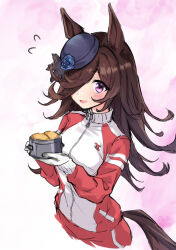  1girl absurdres animal_ears blue_flower blue_hat blue_rose blush bread breasts brown_hair commentary_request cropped_legs flower flying_sweatdrops food gloves hair_over_one_eye hat hat_flower highres horse_ears horse_girl horse_tail jacket long_hair long_sleeves open_mouth pants red_jacket red_pants rice_shower_(umamusume) rose small_breasts smile solo tail tiara_(871220) tracen_training_uniform track_suit umamusume violet_eyes white_gloves 