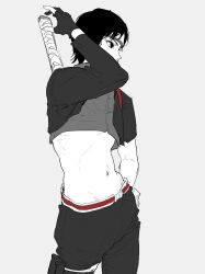  1boy absurdres belt black_eyes black_gloves black_hair black_jacket black_pants cf_nrt cowboy_shot crop_top cropped_jacket fingerless_gloves gloves grey_background grey_shirt hand_on_own_hip headband highres jacket male_focus midriff naruto_(series) naruto_shippuuden navel pants parted_bangs red_belt sai_(naruto) shirt short_hair solo weapon weapon_on_back 