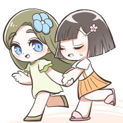  2girls blue_eyes blunt_ends brown_hair chibi chibi_only closed_eyes curtained_hair dress flower flower_fairy_(osomatsu-kun) flower_hairpin green_dress green_hair hair_flower hair_ornament hinakura3 holding_hands multiple_girls okiku_(osomatsu-kun) open_mouth orange_overalls osomatsu-san osomatsu_(series) overall_skirt overalls pink_slippers slippers smile sweat 
