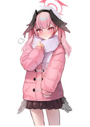  1girl absurdres black_skirt black_wings blue_archive bubble99 closed_mouth cropped_legs halo hat head_wings highres jacket koharu_(blue_archive) long_hair looking_at_viewer pink_eyes pink_hair pink_jacket red_halo scarf simple_background skirt solo twintails white_background white_hat white_scarf wings 