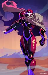  1girl absurdres arm_cannon armor artist_name assault_visor cloak desert highres maclunkey2012 metroid metroid_prime_4:_beyond power_armor power_suit_(metroid) red_armor samus_aran sparkle two-tone_armor vi-o-la_suit weapon 