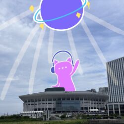  amado_(amaddo_club) animal animal_focus arm_up blue_sky cat clouds cloudy_sky commentary_request disco_ball dj headphones_on_animal_ears highres k-arena_yokohama link!_like!_love_live! love_live! nyao_signyal nyao_signyal_cat outdoors oversized_animal people photo_background sky solo 