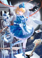  1boy absurdres alice_(alice_in_wonderland) alice_(alice_in_wonderland)_(cosplay) alternate_costume animal aotu_world apron artist_name asymmetrical_legwear black_cat black_hat black_jacket blonde_hair blue_bow blue_bowtie blue_dress blue_eyes blue_shoes bow bowtie card castle cat chinese_commentary clock clock_tower cosplay crossdressing crossdressing_(mtf) cup dress floating floating_object frilled_apron frilled_dress frills full_body full_moon gloves hair_between_eyes hair_bow hand_up hat heart high_heels highres hongyeshiliu jacket key king_(aotu_world) kneehighs light_particles looking_at_viewer magic male_focus monocle moon night parted_lips plate pointy_ears puffy_short_sleeves puffy_sleeves rabbit red_bow red_bowtie red_ribbon ribbon shoes short_hair short_sleeves sky socks solo standing star_(sky) striped_clothes striped_socks teacup teapot top_hat tower trap waist_bow white_apron white_gloves white_rabbit_(alice_in_wonderland) white_socks 