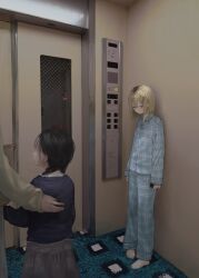  1other 2girls black_hair blonde_hair blue_cardigan blue_pajamas braid braided_twintails brown_skirt cardigan cellphone child closed_mouth elevator flower_hairpin grey_eyes hand_on_another's_back highres holding holding_phone indoors long_hair looking_down medium_hair moruhi multiple_girls no_shoes original pajamas phone shirt skirt smartphone standing twintails white_shirt 