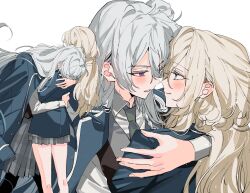  2girls blonde_hair blue_eyes blue_jacket blush closed_mouth collared_shirt eichi_turnr ensemble_stars! eye_contact genderswap genderswap_(mtf) green_necktie grey_skirt hand_on_another's_shoulder hibiki_wataru highres hug jacket jacket_on_shoulders long_hair looking_at_another multiple_girls necktie parted_lips plaid_clothes plaid_skirt school_uniform shirt simple_background skirt smile tenshouin_eichi violet_eyes white_background white_hair white_shirt yuri 