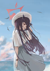  1girl absurdres bag bird black_hair blue_archive blue_dress commentary_request demon_girl demon_horns dress from_side fuuka_(blue_archive) fuuka_(casual)_(blue_archive) hair_on_horn halo hat highres holding holding_bag horns kogure0012 long_hair looking_to_the_side ocean official_alternate_costume official_alternate_hairstyle open_mouth red_eyes red_halo shirt short_sleeves sideways_mouth sky smile solo white_bag white_hat 