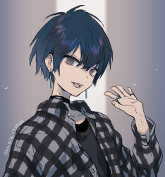  1boy artist_name bad_id bad_pixiv_id black_hair black_shirt collarbone collared_shirt copyright_request dated earrings fang grey_eyes greyscale hair_between_eyes hand_up jewelry layered_shirt light_particles long_sleeves looking_at_viewer male_focus monochrome multiple_rings open_clothes open_mouth open_shirt plaid_clothes plaid_shirt ring shirt shoden short_hair smile solo undershirt upper_body 