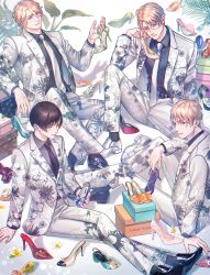  4boys absurdres ahoge america_(hetalia) animal_print aqua_eyes axis_powers_hetalia belt black_belt black_hair black_necktie black_shirt black_shoes black_socks blonde_hair blue_eyes blue_shoes bow box buttons chain closed_mouth collared_shirt commentary crossed_legs facial_hair fingernails floral_print flower formal_clothes france_(hetalia) from_side full_body glasses gold_chain green_shoes grey-framed_eyewear grey_shirt hair_between_eyes hand_on_own_face heart heart_print high_heels highres jacket japan_(hetalia) lapels leaf leopard_print lips long_hair long_hair_between_eyes long_sleeves looking_at_viewer low_ponytail male_focus matching_outfits multiple_boys necktie npyon open_clothes open_jacket orange_shoes pink_bow pink_shoes plant pocket ponytail product_placement purple_bow purple_shoes red_shoes semi-rimless_eyewear shadow shirt shoe_box shoes short_hair sitting smile socks striped_bow suit suit_jacket symbol-only_commentary united_kingdom_(hetalia) violet_eyes white_bow white_flower white_jacket white_necktie white_shoes white_suit yellow_eyes yellow_shoes 