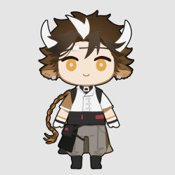  1boy 676643396dolce animal_ear_piercing animal_ears arknights arms_at_sides black_shoes braid bright_pupils brown_hair c: chibi chinese_commentary commentary_request cow_boy cow_ears cow_horns gloves grey_background grey_pants horns long_hair looking_at_viewer male_focus multicolored_hair pants pouch shirt shoes simple_background smile solo streaked_hair very_long_hair wan_qing_(arknights) white_gloves white_hair white_pupils white_shirt yellow_eyes 