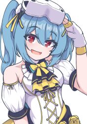  1girl :d absurdres ascot bare_shoulders blue_hair blush breasts colphne_(girls'_frontline_2) cosplay cross-laced_clothes cross-laced_dress detached_sleeves dress fingerless_gloves flower frilled_ascot frills girls'_frontline_2:_exilium girls_frontline gloves hair_between_eyes hand_up head-mounted_display highres looking_at_viewer medium_breasts medium_hair multicolored_ascot red_eyes risu_(risu028) rose salute small_breasts smile solo twintails ump9_(girls'_frontline) ump9_(girls'_frontline)_(cosplay) upper_body white_dress white_gloves yellow_flower yellow_rose 