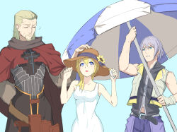  1girl 2boys :o age_difference ansem_the_wise beach_umbrella beard belt black_belt black_cape black_shirt black_vest blonde_facial_hair blonde_hair blue_background blue_eyes blue_pants blue_ribbon cape commentary_request day facial_hair flower gogo_(detteiu_de) grey_hair hair_over_shoulder hair_slicked_back hand_on_another's_head hands_up hat hat_flower hat_ribbon height_difference highres hot kingdom_hearts kingdom_hearts_ii long_hair long_sleeves looking_up midriff_peek multiple_boys namine open_mouth pants parted_lips red_cape ribbon riku_(kingdom_hearts) shaking_head shirt short_hair summer sun_hat sunflower sweat toned toned_male umbrella upper_body vest waist_cape wide_sleeves yellow_vest 