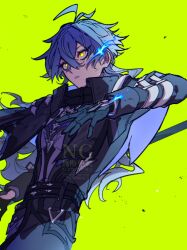  1boy antenna_hair arm_belt arm_up belt black_belt black_capelet black_gloves blue_hair capelet collared_capelet crossed_bangs double-parted_bangs dutch_angle flins_(genshin_impact) genshin_impact gloves green_background grey_belt grey_pants highres long_hair long_sleeves male_focus multiple_belts open_mouth pants rhr4s_2 solo watermark wide-eyed wing_collar yellow_eyes 