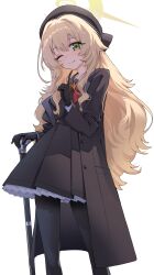  1girl ;) beret black_coat black_hat black_pantyhose black_shirt black_skirt blonde_hair blue_archive bow bowtie breasts buttons cane closed_mouth coat cowboy_shot goback green_eyes halo hat highres holding holding_cane index_finger_raised lapels long_hair long_sleeves looking_at_viewer one_eye_closed open_clothes open_coat pantyhose professor_niyaniya_(blue_archive) red_bow red_bowtie shirt simple_background skirt smile solo standing very_long_hair white_background yellow_halo 