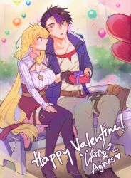  1boy 1girl agnes_claudel blonde_hair blue_coat blue_eyes blue_hair box braid bun_with_braided_base coat eiyuu_densetsu gift gift_box hair_slicked_back happy_valentine heart highres holding holding_gift incoming_gift kai_no_kiseki kuro_no_kiseki_(series) misa_fullmetal valentine van_arkride 