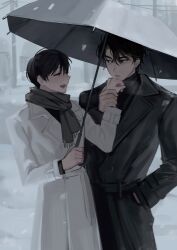  2boys black_coat black_eyes black_hair black_scarf closed_eyes coat cowboy_shot fringe_trim grin hand_in_pocket hand_on_another's_wrist highres holding holding_umbrella keomikan kim_dokja looking_at_another male_focus multiple_boys omniscient_reader's_viewpoint open_clothes open_coat outdoors popped_collar scarf short_hair smile snowing umbrella white_coat yoo_joonghyuk 