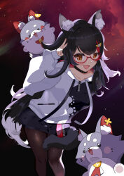  1girl :3 absurdres animal_ear_fluff animal_ears arm_up ascot bell bespectacled black_background black_choker black_hair black_hoodie black_pantyhose black_shorts bluesandesei blush_stickers brown_eyes chibi choker clothes_writing collarbone commentary_request copyright_name crossed_bangs drawstring feet_out_of_frame food-themed_hair_ornament glasses gradient_background grey_fur hair_ornament highres hololive hood hoodie leaning_forward lemon_hair_ornament long_hair long_sleeves looking_at_viewer miochun miofa_(ookami_mio) multicolored_hair neck_bell ookami_mio ookami_mio_(hoodie) open_mouth pantyhose paw_print paw_print_pattern puffy_long_sleeves puffy_sleeves red-framed_eyewear red_ascot red_background red_hair salute short_shorts shorts sidelighting sleeves_past_wrists smile streaked_hair tail tail_around_own_leg teeth two-finger_salute two-tone_hoodie upper_teeth_only very_long_hair white_fur white_hair white_hoodie wolf wolf_ears wolf_girl wolf_tail x_hair_ornament zipper_pull_tab 