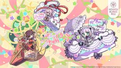  3girls apron blue_eyes bow box brown_hair chibi chinese_clothes christmas christmas_ornaments christmas_tree copyright_name copyright_notice dress english_commentary english_text food frilled_umbrella frills gift green_eyes hair_bun hairband heaven_burns_red highres holding holding_umbrella key_(company) li_yingxia lolita_fashion long_hair looking_at_viewer merry_christmas multiple_girls official_alternate_costume open_mouth orange_eyes parasol pink_hair ponytail purple_dress purple_hair purple_ribbon red_dress red_eyes ribbon short_hair sitting smile star_(symbol) sugawara_chie thigh-highs tsukishiro_monaka twintails two_side_up umbrella white_dress white_hair yostar 