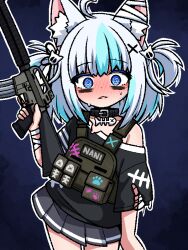  1girl @_@ ahoge animal_ears ar-15 blush cat_ears cat_girl collar gun indie_virtual_youtuber ink_(inksgirls) multicolored_hair nani_(vtuber) pleated_skirt rifle shirt single_bare_shoulder skirt t-shirt tactical_clothes two-tone_hair two_side_up virtual_youtuber weapon white_hair 
