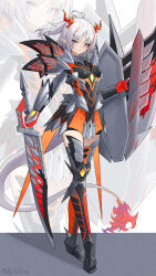  1girl absurdres alternate_costume arknights armor armored_boots armored_dress artist_name boots chinese_commentary closed_mouth commentary_request dragon_girl dragon_horns dragon_tail dress eyeliner full_body highres holding holding_shield holding_sword holding_weapon horns jiuyu_qame looking_at_viewer makeup medium_hair monster_hunter_(series) multicolored_hair nian_(arknights) orange_eyeliner pointy_ears shield smile solo standing streaked_hair sword tail vambraces violet_eyes weapon white_hair zoom_layer 