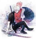  boots closed_eyes eyes_closed gintama hug japanese_clothes kagura_(gintama) katana mg_(3458) oriental_umbrella red_eyes red_hair redhead sakata_gintoki striped striped_legwear striped_thighhighs sword thigh-highs thighhighs umbrella weapon white_hair 