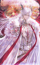  1boy absurdres belt black_belt black_horns brooch cape chinese_commentary circlet closed_mouth coat collared_coat cowboy_shot curtained_hair dragon_boy dragon_horns dragon_wings ear_covers falling_petals field flower flower_field fur-trimmed_cape fur_trim gem gold_trim highres horns jewelry lapels long_hair looking_at_viewer love_and_deepspace male_focus neck_ribbon padded_shirt parted_bangs pearl_(gemstone) petals red_eyes red_flower red_gemstone red_ribbon red_scarf red_wings ribbon scarf shirt sideways_glance smile snow234 solo standing stole sylus_(love_and_deepspace) vest watermark weibo_watermark white_cape white_coat white_hair white_shirt white_vest wing_brooch wings 