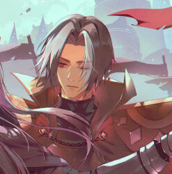  1boy armor black_armor black_hair black_shirt cape chinese_commentary closed_mouth cookie_run cookie_run:_kingdom curtained_hair dark-skinned_male dark_choco_cookie dark_skin day flag highres humanization lips looking_at_another male_focus multicolored_hair one_eye_closed parted_bangs pauldrons portrait red_cape red_eyes scar scar_across_eye scar_on_face shengyue shirt short_hair shoulder_armor sideways_glance solo streaked_hair sweater_guard turtleneck turtleneck_shirt white_hair 