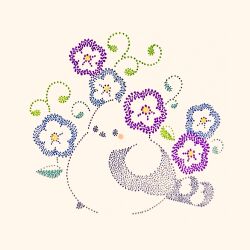  animal_focus bird blue_flower flower full_body highres long-tailed_tit morning_glory no_humans original purple_flower solo tit_(bird) traditional_media usagi_shigeko 