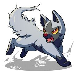 colored_sclera grey_fur looking_to_the_side mistray-art no_humans numbered open_mouth pokemon pokemon_(creature) poochyena red_eyes red_sclera signature simple_background solo tail two-tone_fur white_background 