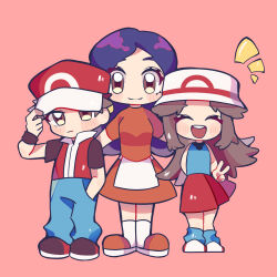  1boy 2girls adjusting_clothes adjusting_headwear aqua_shirt aqua_socks arm_behind_back baseball_cap black_shirt blue_pants blush blush_stickers brown_eyes brown_hair closed_eyes closed_mouth commentary deformed dress english_commentary eyelashes full_body hand_in_pocket hat highres kanto_mother_(rgby/frlg) leaf_(pokemon) long_hair mother_and_daughter mother_and_son multiple_girls notice_lines open_mouth orange_dress orange_shoes pants pink_background pokemon pokemon_frlg purple_hair red_(pokemon) red_hat red_shoes red_skirt red_vest shirt shoes short_hair short_sleeves sidelocks simple_background skirt sleeveless sleeveless_shirt socks standing teeth upper_teeth_only user_vrme3225 v vest white_hat white_shoes white_socks 