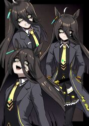  1girl absurdres ahoge animal_ears black_coat black_hair black_pantyhose black_skirt clenched_teeth coat collared_shirt commentary_request ear_tag earrings hair_between_eyes hands_in_pockets highres horse_ears horse_girl jewelry long_bangs long_hair long_hair_between_eyes long_sleeves looking_at_viewer manhattan_cafe_(creeping_black)_(umamusume) manhattan_cafe_(umamusume) multicolored_hair nagai_negi necktie open_mouth pantyhose parted_lips shaded_face shirt single_earring skirt smile teeth umamusume very_long_hair white_hair yellow_eyes yellow_necktie 