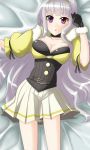  breasts choker cleavage dress gloves grey_hair hairband highres himo idolmaster large_breasts long_hair on_bed pleated_skirt project_fairy purple_eyes shijou_takane skirt solo violet_eyes 