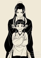  1boy 1girl beads black_hair blunt_bangs bun_cover chara_no7 chinese_clothes closed_mouth cowboy_shot crossed_arms freckles greyscale grin hair_beads hair_bun hair_ornament hair_over_shoulder hair_ribbon half_updo highres jinshi_(kusuriya_no_hitorigoto) kusuriya_no_hitorigoto long_hair looking_at_viewer maomao_(kusuriya_no_hitorigoto) monochrome parted_bangs ribbon sidelocks simple_background smile teeth twitter_username upper_body 