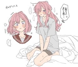  2girls amaori_haruna amaori_renako bed_sheet between_legs blush dayama flustered hand_between_legs highres long_hair medium_hair multiple_girls open_mouth pink_hair ponytail sailor_collar shirt shorts siblings simple_background sisters sitting sweat translation_request violet_eyes wariza watashi_ga_koibito_ni_nareru_wake_naijan_murimuri! white_background white_shirt 