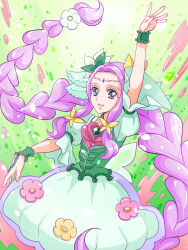  1girl bell braid bubble_skirt choker cowbell cure_felice dress earrings flower flower_in_eye green_background green_choker green_eyes green_wrist_cuffs hair_flower hair_ornament hanami_kotoha highres jewelry long_hair looking_at_viewer magical_girl mahou_girls_precure! multicolored_eyes petals pink_hair precure skirt smile solo symbol_in_eye tsubatsuba_(tsubame) twin_braids very_long_hair wrist_cuffs 