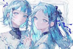  2girls absurdres blue_eyes blue_hair blue_theme blush dress earrings flower frilled_dress frills hair_flower hair_ornament hair_ribbon heart heart_earrings highres implied_yuri interlocked_fingers jewelry jitome lolita_fashion long_hair looking_at_viewer mirror multiple_girls nekome_toworu original piercing ribbon short_hair sweet_lolita wavy_hair 