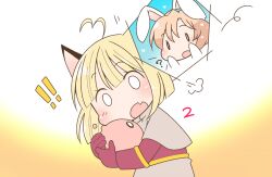  ! !! 2girls acolyte_(ragnarok_online) ahoge animal_ears blonde_hair blunt_bangs brown_capelet capelet cat_ears cat_girl commentary_request creature fake_animal_ears fang gloves heart heart_ahoge holding holding_creature iyofika lowres multiple_girls open_mouth poring rabbit_ears ragnarok_online ragnarok_origin red_gloves red_shirt shirt skin_fang slime_(creature) solo_focus upper_body 