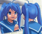  ahoge blue_eyes blue_hair blue_lipstick imaichi_moenai_ko kobe_shimbun kobe_shinbun lipstick long_hair makeup mirror mis_res nail_polish reflection school_uniform solo twintails 