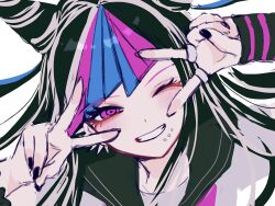  1girl arm_warmers black_hair black_nails black_sailor_collar blue_streaks blush commentary danganronpa_(series) danganronpa_2:_goodbye_despair double_v dutch_angle face_piercing grin hair_horns hands_up jewelry long_hair looking_at_viewer mioda_ibuki multicolored_hair multiple_rings nail_polish one_eye_closed piercing pink_eyes pink_streaks portrait ring sailor_collar shirt sketch smile solo streaked_hair symbol-only_commentary v v_over_eye white_shirt white_streaks yomo_ma_ni 