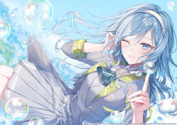  1girl blue_eyes blue_flower blue_hair blurry blurry_background blush breast_pocket breasts bubble collared_shirt colored_lapels commentary_request copyright_notice cowboy_shot day depth_of_field dot_nose english_text floating_hair flower flower_request grey_jacket grey_skirt grey_vest guest_art hair_between_eyes hair_ornament hairband hands_up happy_birthday highres hinomori_shizuku index_finger_raised itsuka_hanasaku_stage_e_(project_sekai) jacket korean_commentary lapels long_hair looking_at_viewer mole mole_under_mouth notched_lapels official_alternate_costume official_art one_eye_closed open_clothes open_jacket outdoors parted_lips plaid_clothes plaid_lapels pleated_skirt pocket project_sekai second-party_source shirt sidelocks signature skirt sleeves_rolled_up small_breasts smile solo taya_oco tsurime tucking_hair vest white_hairband white_shirt wing_hair_ornament 