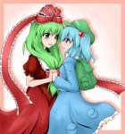  blue_eyes blue_hair eye_contact green_eyes green_hair hand_holding highres holding_hands kagiyama_hina kawashiro_nitori looking_at_another multiple_girls touhou yoshihiro-m yuri 